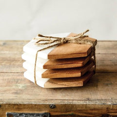 Marble & Mango Wood Hexagon Coaster Set Marble & Mango Wood Hexagon Coaster Set