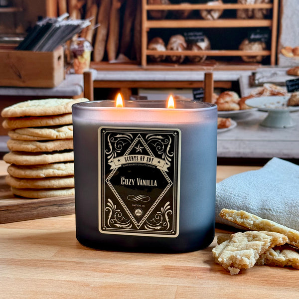 Cozy Vanilla Black Oval Glass Soy Candle