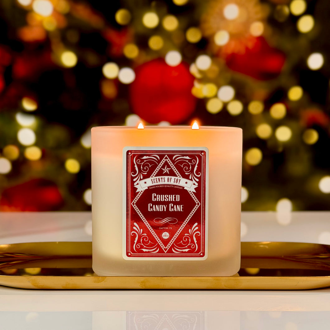 Crushed Candy Cane Frosted Oval Glass Soy Candle