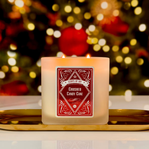 Crushed Candy Cane Frosted Oval Glass Soy Candle