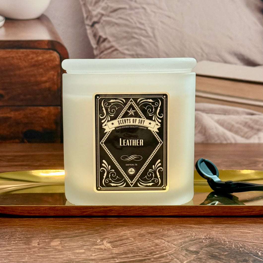 Leather Frosted Oval Glass Soy Candle