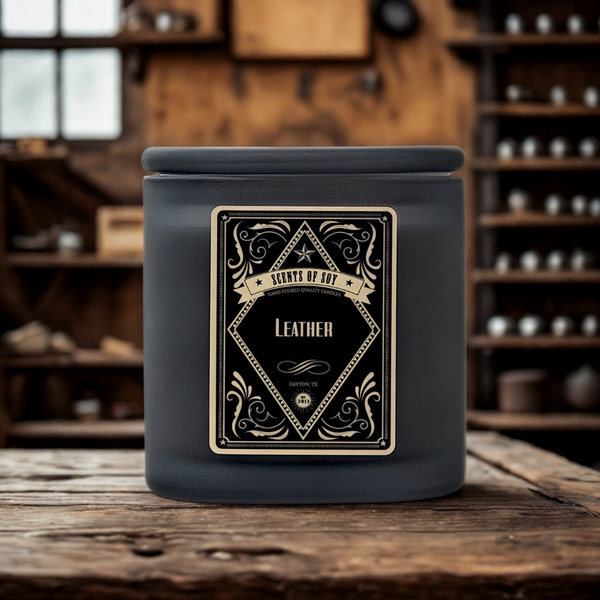 Leather Black Oval Glass Soy Candle